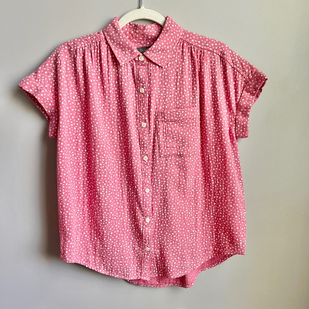 Style & Co Top Women's Small Petite Pink White Hearts 100% Cotton Gauze Feminine